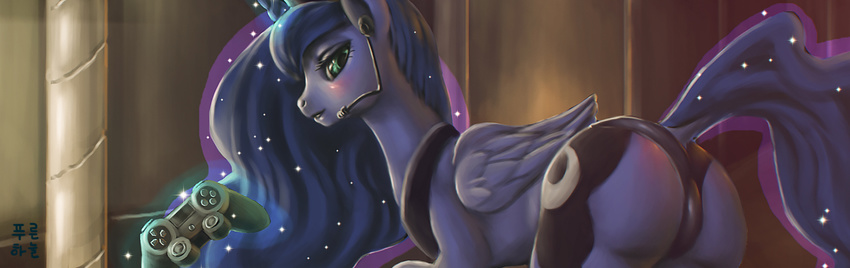 2015 blue_eyes blue_feathers blue_fur blue_hair clothing cutie_mark equine feathered_wings feathers female feral friendship_is_magic fur game_controller hair headphones headset hi_res horn inside jewelry magic mammal mrs1989 my_little_pony necklace presenting princess_luna_(mlp) solo underwear winged_unicorn wings
