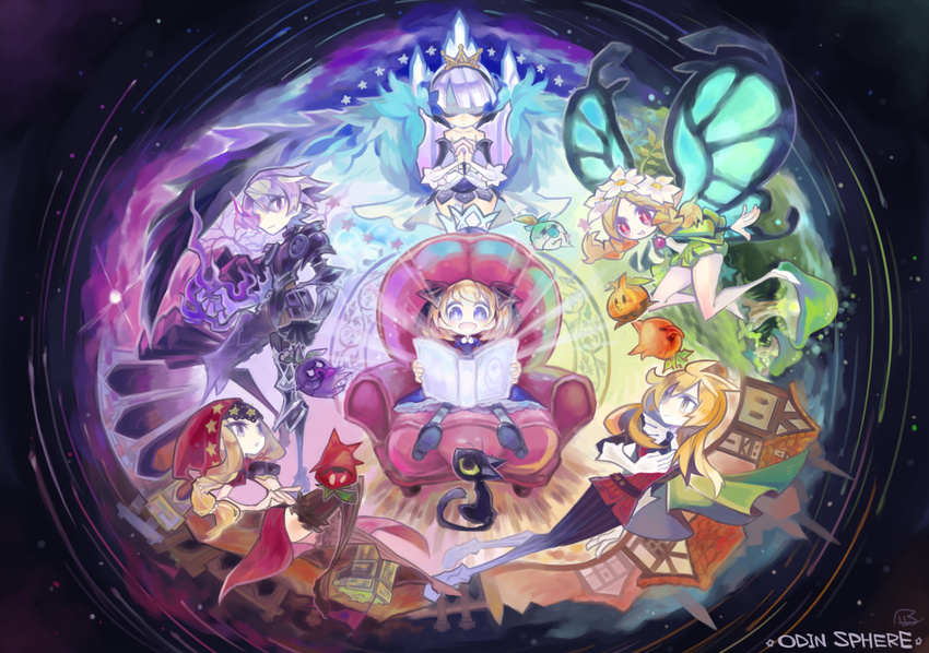 armor armored_dress bare_shoulders black_armor blonde_hair blue_eyes book braid butterfly_wings cat chair cornelius_(odin_sphere) crown dress fairy flower gwendolyn hair_flower hair_ornament highres hood long_hair mercedes midriff nepozip odin_sphere oswald_(odin_sphere) pointy_ears pooka_(odin_sphere) puffy_sleeves purple_eyes red_eyes ribbon short_hair silver_hair socrates_(odin_sphere) strapless strapless_dress thighhighs twin_braids twintails velvet_(odin_sphere) wings