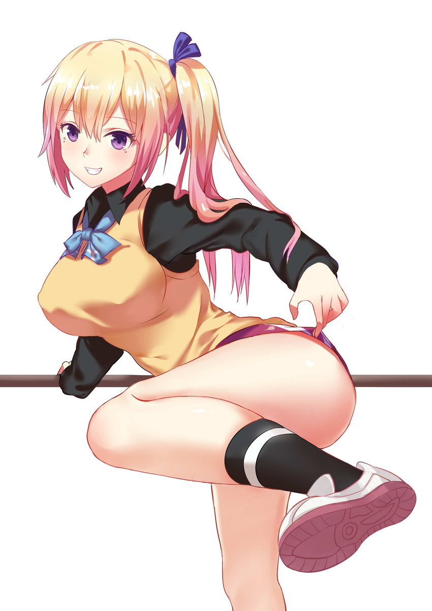 absurdres barre black_shirt blonde_hair blue_bow blue_neckwear blue_ribbon bow bowtie breasts buruma buruma_lift collared_shirt gradient_hair grin hair_ribbon highres holding kawakami_mai kneehighs large_breasts leaning_to_the_side leg_up lifted_by_self long_hair long_sleeves looking_at_viewer mole mole_under_eye multicolored_hair musaigen_no_phantom_world pink_hair pole purple_eyes revision ribbon school_uniform shirt shoes side_ponytail simple_background smile sneakers solo standing standing_on_one_leg sweater_vest thighs xiao_chichi