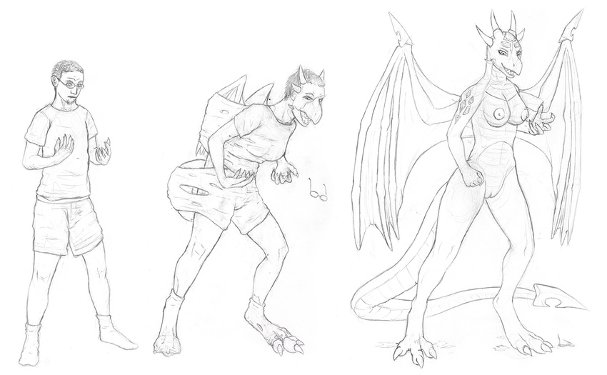 2015 anthro anthrofied areola beak beard breasts claws clothed clothing crossgender cynder dragon eyewear facial_hair female glasses horn human hybrid legwear male mammal membranous_wings monochrome nipples nude open_mouth pussy scalie shirt shorts smile socks spectrumshift spyro_the_dragon toe_claws transformation video_games wings