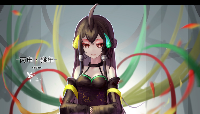 bare_shoulders black_eyes black_hair detached_sleeves highres horns long_hair original slit_pupils solo wangchuan_de_quanyan