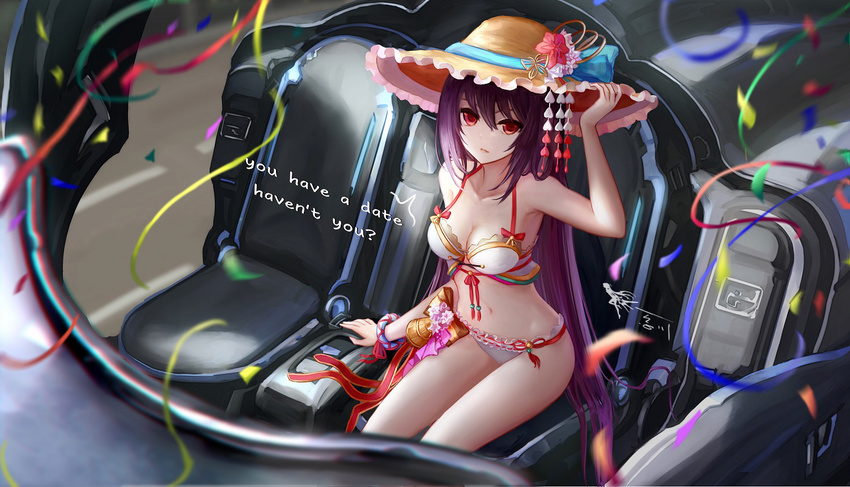 ? bangs bell bikini blue_bow blue_ribbon bow bracelet butterfly_ornament chair confetti english flower frilled_bikini frilled_hat frills hair_between_eyes halterneck hand_on_headwear hat hat_bow hat_flower hat_ribbon heart jewelry kasumi_(shironeko_project) long_hair marble motion_blur original purple_hair red_bow red_eyes red_ribbon revision ribbon road shironeko_project signature sitting solo stomach street striped striped_bikini swimsuit tassel vehicle_interior very_long_hair wangchuan_de_quanyan white_bikini yellow_bow