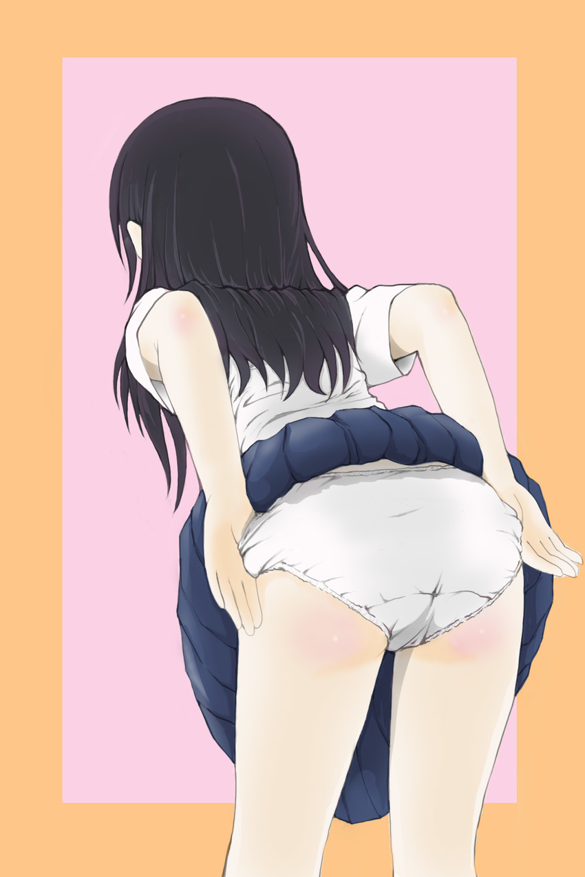 ass black_hair blue_skirt crotch_seam from_behind higashi_tarou highres leaning_forward long_hair miniskirt original panties panty_pull pleated_skirt shirt short_sleeves skirt skirt_lift solo standing underwear white_panties white_shirt