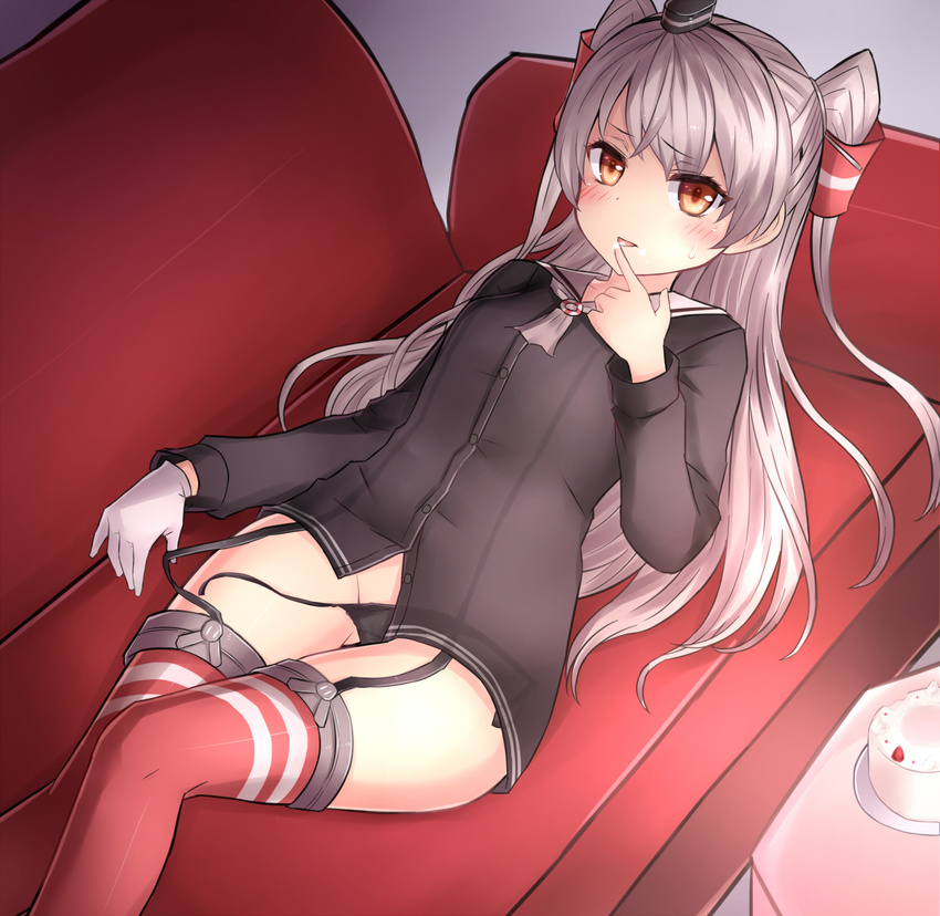 :p amatsukaze_(kantai_collection) bangs black_hat black_panties black_ribbon black_shirt blush buttons cake collarbone couch cream dress_shirt eyebrows eyebrows_visible_through_hair eyelashes finger_licking food fruit garter_straps gloves groin hair_tubes hairband hat highres kantai_collection licking long_hair long_sleeves looking_at_viewer lying mini_hat neit_ni_sei no_pants on_back on_couch orange_eyes panties parted_lips plate red_legwear ribbon sailor_collar saliva school_uniform see-through shirt side-tie_panties silver_hair single_glove solo strawberry string_panties sweatdrop table thigh_strap thighhighs tongue tongue_out two_side_up underwear undressing untied untied_panties very_long_hair white_gloves