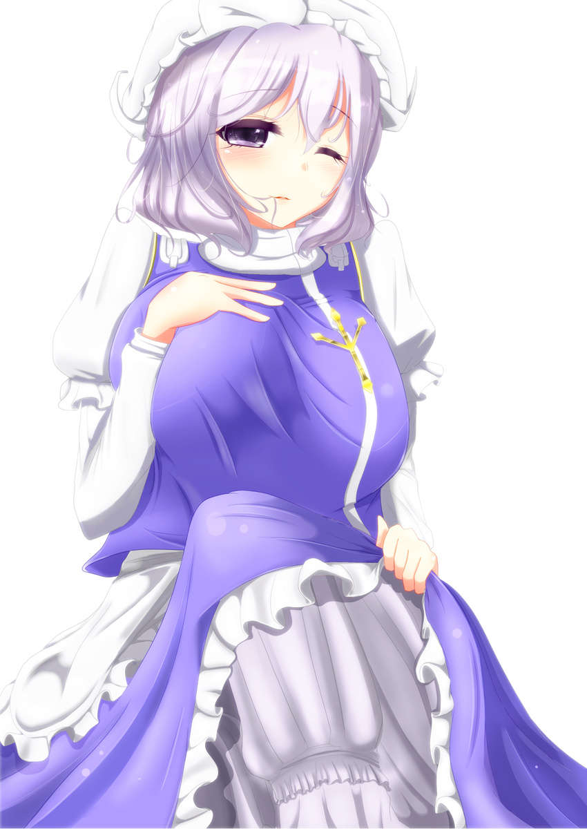 bad_id bad_pixiv_id blue_eyes breasts crossed_legs hair_between_eyes hair_in_mouth hand_on_own_chest hand_on_own_knee highres large_breasts lavender_hair letty_whiterock long_sleeves looking_at_viewer one_eye_closed pants parted_lips puffy_long_sleeves puffy_sleeves shiro_oolong-cha shirt short_hair sitting solo touhou white_pants white_shirt yuki_onna