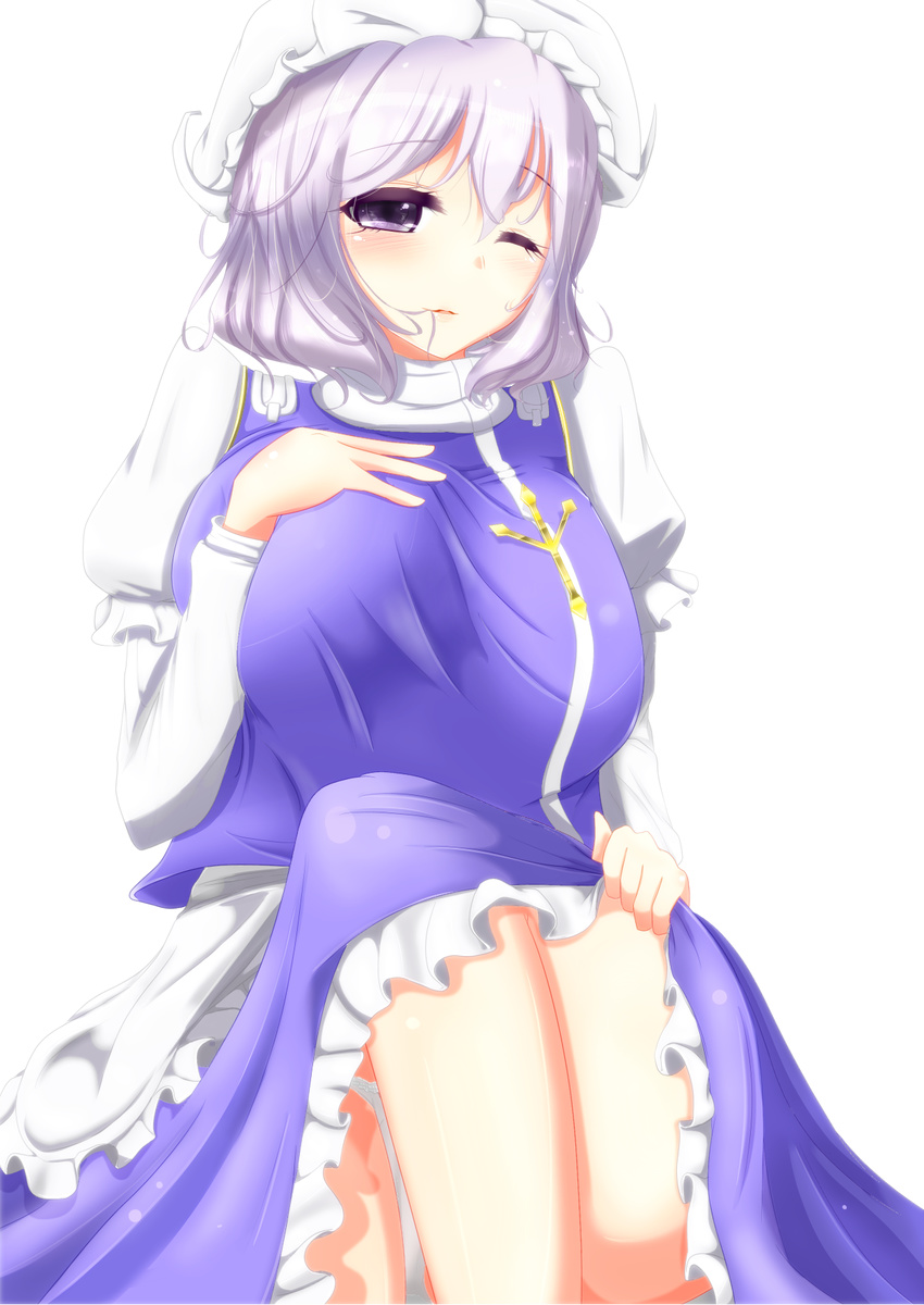 bad_id bad_pixiv_id blue_eyes breasts crossed_legs hair_between_eyes hair_in_mouth hand_on_own_chest hand_on_own_knee highres large_breasts lavender_hair letty_whiterock long_sleeves looking_at_viewer one_eye_closed parted_lips puffy_long_sleeves puffy_sleeves shiro_oolong-cha shirt short_hair sitting solo thighs touhou white_shirt yuki_onna