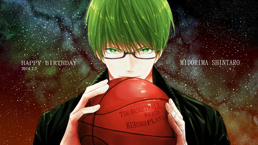 ball bandaged_arm bandages basketball character_name dated english glasses green_eyes green_hair happy_birthday highres holding holding_ball jacket keme_toya kuroko_no_basuke male_focus midorima_shintarou sky smile solo star_(sky) starry_sky upper_body