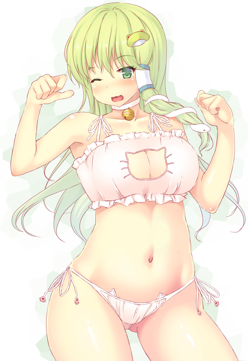 bell bell_choker blush bra breasts cat_cutout cat_ear_panties cat_lingerie choker cleavage cleavage_cutout collarbone frog_hair_ornament green_eyes green_hair hair_ornament highres ichio jingle_bell kochiya_sanae large_breasts long_hair meme_attire navel one_eye_closed open_mouth panties side-tie_panties smile snake_hair_ornament solo touhou underwear underwear_only very_long_hair white_bra white_panties