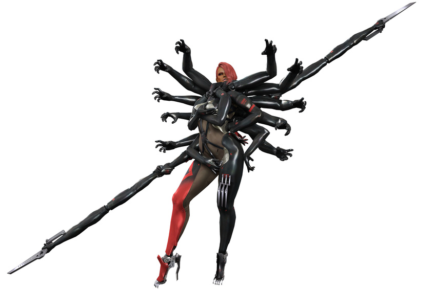 3d absurdres aqua_eyes arms_up barcode between_breasts bodysuit breasts contrapposto cyborg dark_skin double-blade eyeshadow facial_mark forehead_mark full_body gloves hair_over_one_eye half-closed_eyes high_heels highres holding holding_weapon legs lips lipstick long_hair makeup medium_breasts metal_gear_(series) metal_gear_rising:_revengeance mistral_(metal_gear_rising) multiple_arms official_art parted_lips polearm red_hair self_fondle simple_background solo standing thighs weapon white_background