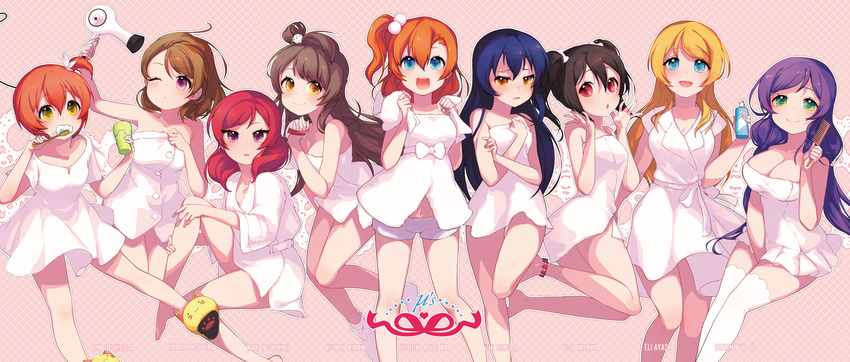 :3 :d :o ;&lt; \||/ anklet ayase_eli bad_id bad_pixiv_id bangs bare_legs bare_shoulders barefoot bathrobe belt bird_hair_ornament black_hair blonde_hair blue_eyes blue_hair blush bottle bow breasts brown_hair brushing_teeth buttons cable cat_slippers character_name closed_mouth comb copyright_name covering covering_breasts cup dress drying drying_hair floating_hair foaming_at_the_mouth folded_hair fur_trim green_eyes group_name hair_between_eyes hair_bobbles hair_dryer hair_ornament hand_on_own_chest hands_up heart highres holding hoshizora_rin jewelry jumping knees_together_feet_apart koizumi_hanayo kousaka_honoka large_breasts long_hair love_live! love_live!_school_idol_project low_twintails makeup minami_kotori multiple_girls naked_towel navel ng_(kimjae737) nishikino_maki one_side_up open_mouth orange_hair pajamas paw_print purple_eyes purple_hair red_eyes red_hair red_ribbon ribbon rouge_(makeup) short_dress short_hair shorts sitting smile socks sonoda_umi standing standing_on_one_leg swept_bangs thigh_gap thighhighs toothbrush toujou_nozomi towel towel_around_neck twintails very_long_hair white_bow white_dress white_legwear white_shorts yazawa_nico yellow_eyes