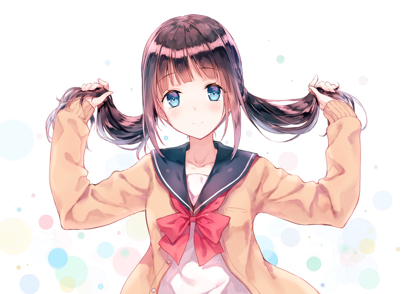 bangs blue_eyes blush bow bowtie brown_hair cardigan circle closed_mouth collarbone commentary_request eyebrows eyebrows_visible_through_hair highres hiten_(hitenkei) holding holding_hair long_hair long_sleeves looking_at_viewer open_cardigan open_clothes original red_neckwear sailor_collar school_uniform serafuku shiny shiny_hair shirt single_horizontal_stripe smile solo twintails twintails_day upper_body white_background white_shirt yellow_cardigan