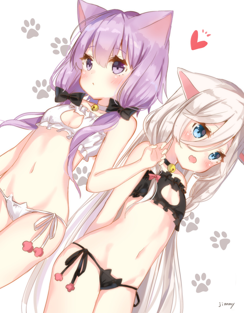 :o animal_ears artist_name bangs bare_arms bare_shoulders bell bell_choker black_bra black_panties blue_eyes blush bow bra breasts cat_cutout cat_ears cat_lingerie cat_paws choker cleavage_cutout cowboy_shot dutch_angle expressionless fang flat_chest hair_between_eyes hair_bow heart highres ia_(vocaloid) jimmy jingle_bell long_hair looking_at_viewer meme_attire multiple_girls navel panties paws purple_eyes purple_hair short_hair_with_long_locks side-tie_panties sidelocks silver_hair simple_background small_breasts standing tareme underwear underwear_only very_long_hair vocaloid voiceroid white_background white_bra white_panties yuzuki_yukari