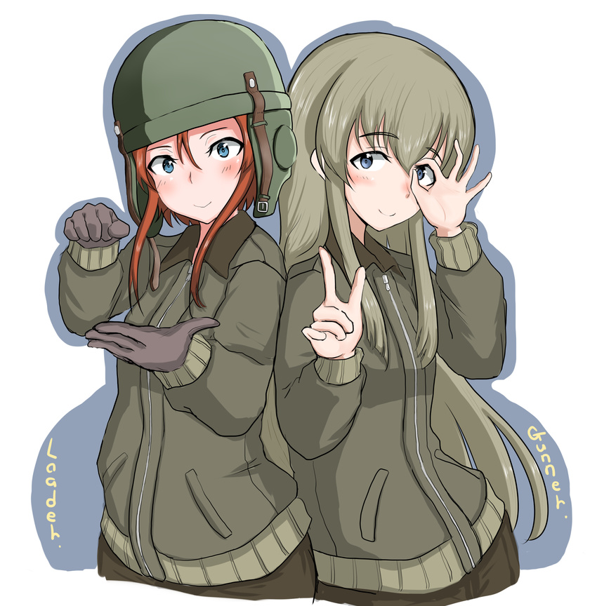 blue_eyes blush brown_eyes brown_hair extra girls_und_panzer gloves helmet helmet-chan_(girls_und_panzer) highres jacket long_hair looking_at_viewer military military_uniform multiple_girls ok_sign saunders_military_uniform shichisaburo short_hair short_shorts shorts smile standing uniform upper_body white_background