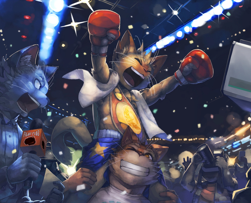 audience boxing boxing_gloves camera carrying cat cellphone eyes_closed feline fight fight_club fur grey_fur grin group male mammal microphone open_mouth orange_eyes orange_fur phone shota sport stadium suit towel whiskers young ｎion