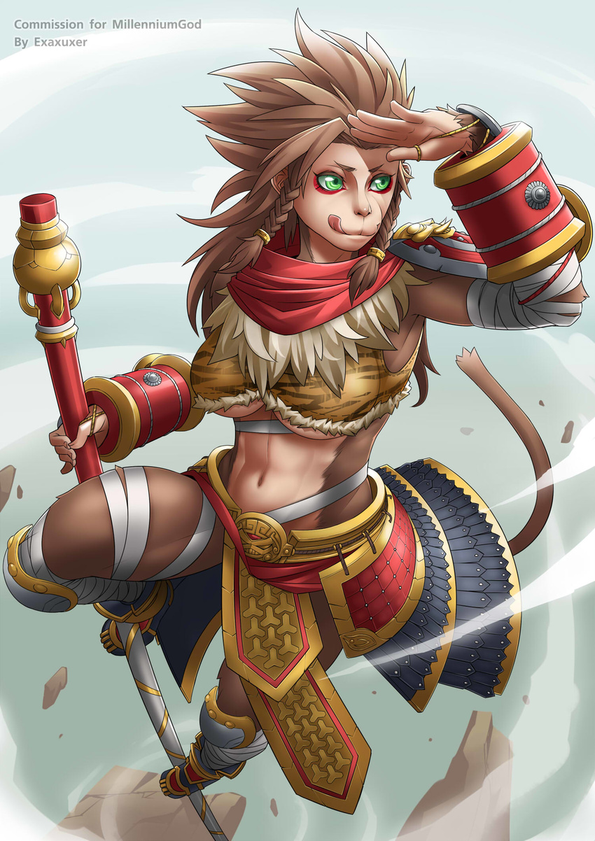 :q bandaged_arm bandaged_leg bandages braid breasts brown_hair exaxuxer eyeliner faulds furry genderswap genderswap_(mtf) green_eyes highres large_breasts league_of_legends long_hair makeup midriff monkey_girl monkey_tail navel shading_eyes side_braid snout solo staff tail tongue tongue_out twin_braids underboob wukong