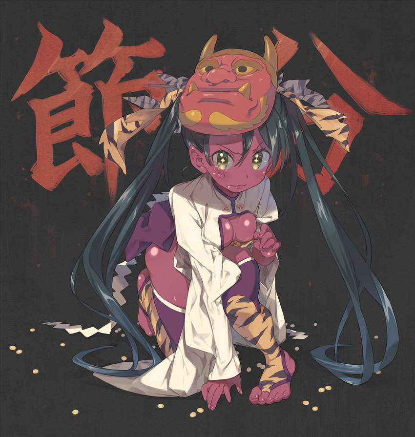 1girl amana_(pocketkey) animal_print barefoot black_hair blush breasts bridal_legwear cleavage cleavage_cutout full_body highres jewelry long_hair looking_at_viewer mamemaki oni oni_mask original pointy_ears red_oni red_skin setsubun simple_background small_breasts solo symbol-shaped_pupils tears thighhighs tiger_print toe_ring toeless_legwear twintails very_long_hair
