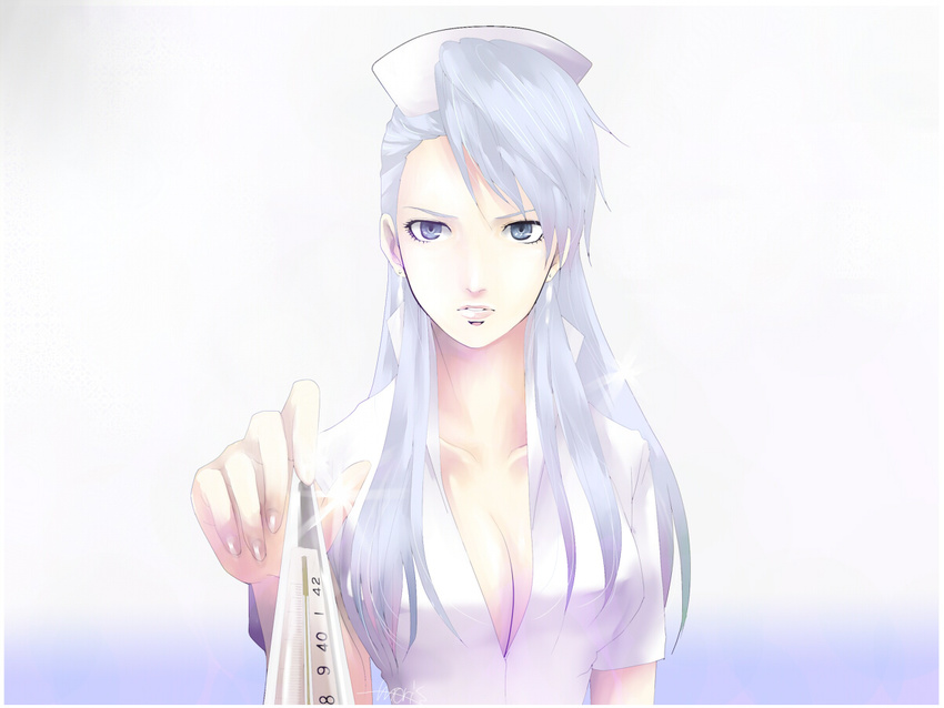 bangs blue_eyes breasts chou_shittou_caduceus cleavage collarbone earrings fingernails hat jewelry large_breasts long_hair looking_at_viewer mira_kimishima moriririnn nurse nurse_cap serious signature silver_hair simple_background solo thermometer