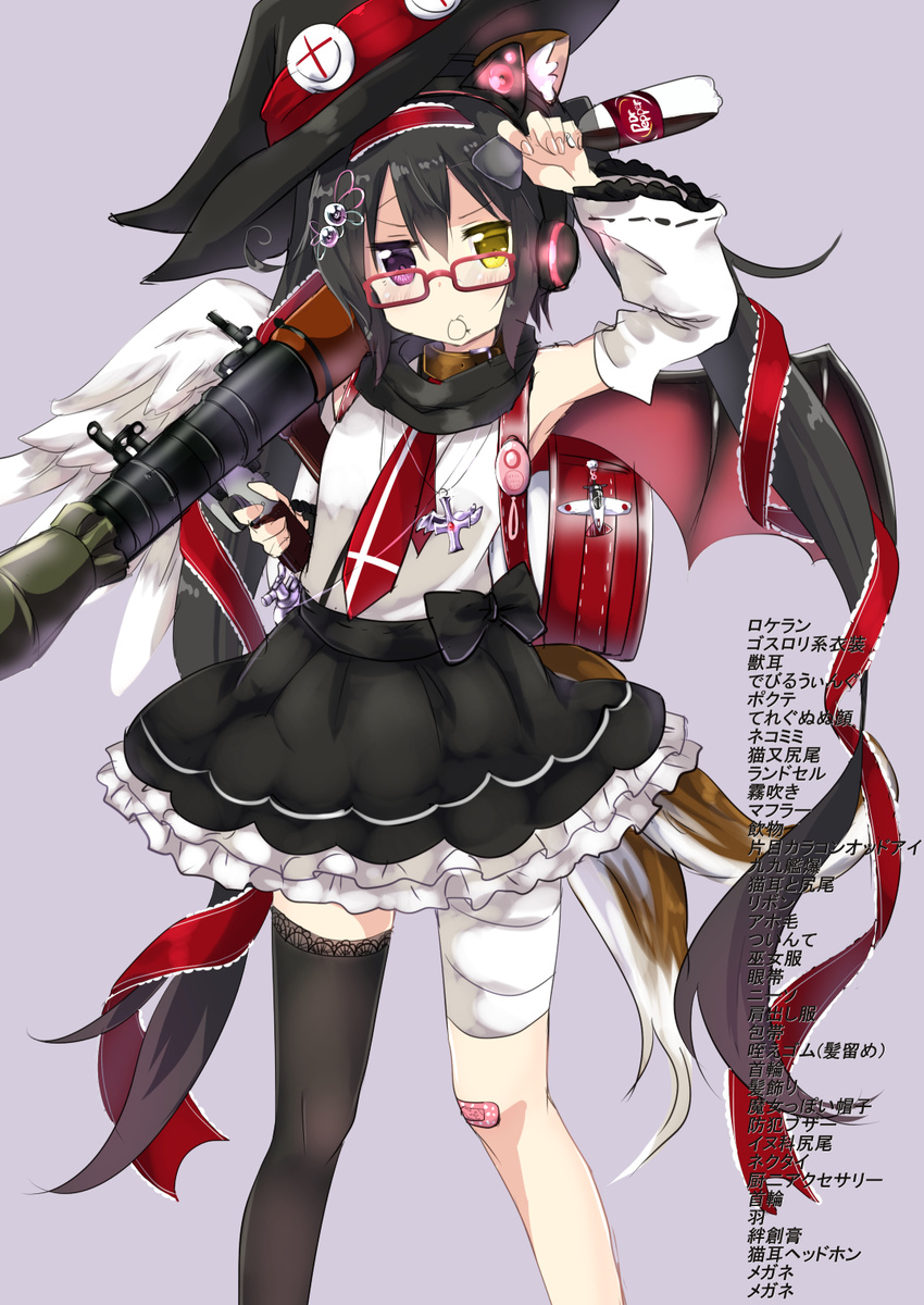 amano_kouki angel_wings animal_ears asymmetrical_legwear asymmetrical_wings backpack bag bag_charm bandaid bandaid_on_knee bat_wings black_hair cat_ears cat_tail charm_(object) commentary_request demon_wings detached_sleeves fingerless_gloves gloves hair_ribbon hat headphones heterochromia highres holding lace lace-trimmed_thighhighs long_hair looking_at_viewer multiple_tails nekomata note-chan original randoseru ribbon rocket_launcher rpg rpg-7 scarf single_thighhigh sketch solo tail thighhighs translation_request twintails weapon wings witch_hat