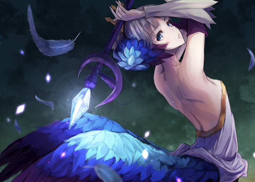 armpits arms_up bare_back bare_shoulders blue_eyes crown crystal dress feathers from_behind gwendolyn hair_ornament highres konkito looking_back odin_sphere open_mouth short_hair solo strapless strapless_dress weapon white_hair wings