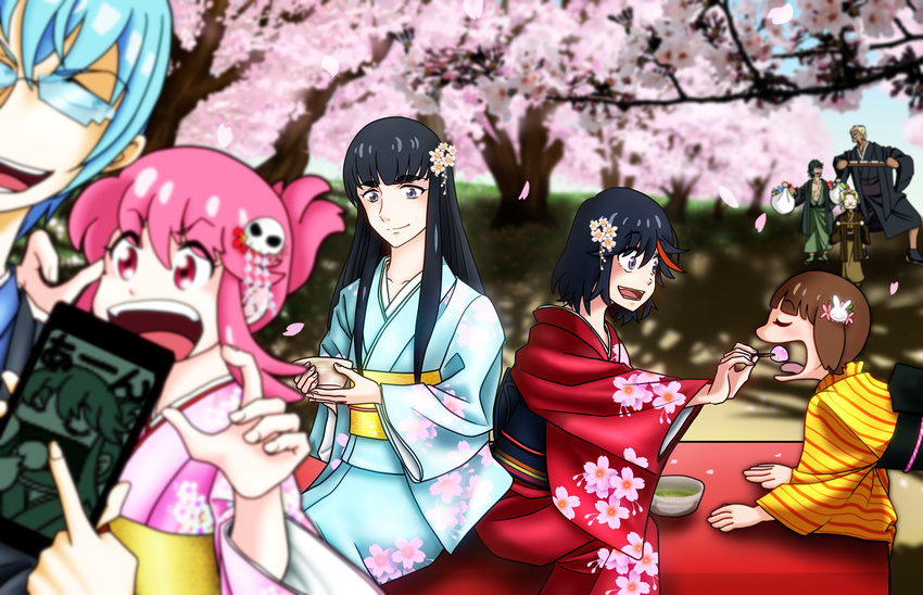 4girls black_hair blonde_hair blue_eyes blue_hair bob_cut closed_eyes commentary_request eyebrows floral_print gamagoori_ira glasses green_hair inumuta_houka iori_shirou jakuzure_nonon japanese_clothes kill_la_kill kimono kiryuuin_satsuki long_hair long_sleeves mankanshoku_mako mask matoi_ryuuko multicolored_hair multiple_boys multiple_girls obi open_mouth pink_eyes pink_hair rakugakijyaya red_hair sanageyama_uzu sash short_hair smile streaked_hair thick_eyebrows two-tone_hair wide_sleeves yukata