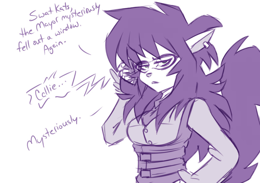 belt breasts callie_briggs cat clothed clothing dialogue ear_piercing english_text eyewear feline female frown glasses goth hand_on_hip mammal monochrome necktie phone piercing plagueofgripes solo speech_bubble swat_kats text