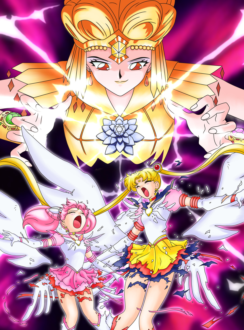 bishoujo_senshi_sailor_moon blonde_hair blue_sailor_collar bracelet brooch chibi_usa choker closed_eyes crescent double_bun elbow_gloves eternal_(eternal-power) eternal_sailor_moon facial_mark forehead_mark gloves hair_ornament hairpin highres jewelry layered_skirt long_hair maboroshi_no_ginzuishou magical_girl multiple_girls open_mouth pink_choker pink_hair pink_sailor_collar pink_skirt puffy_sleeves red_choker red_eyes sailor_chibi_moon sailor_collar sailor_galaxia sailor_moon sailor_senshi sailor_senshi_uniform short_hair skirt smile super_sailor_chibi_moon_(stars) torn_clothes tsukino_usagi twintails white_gloves wings yellow_skirt