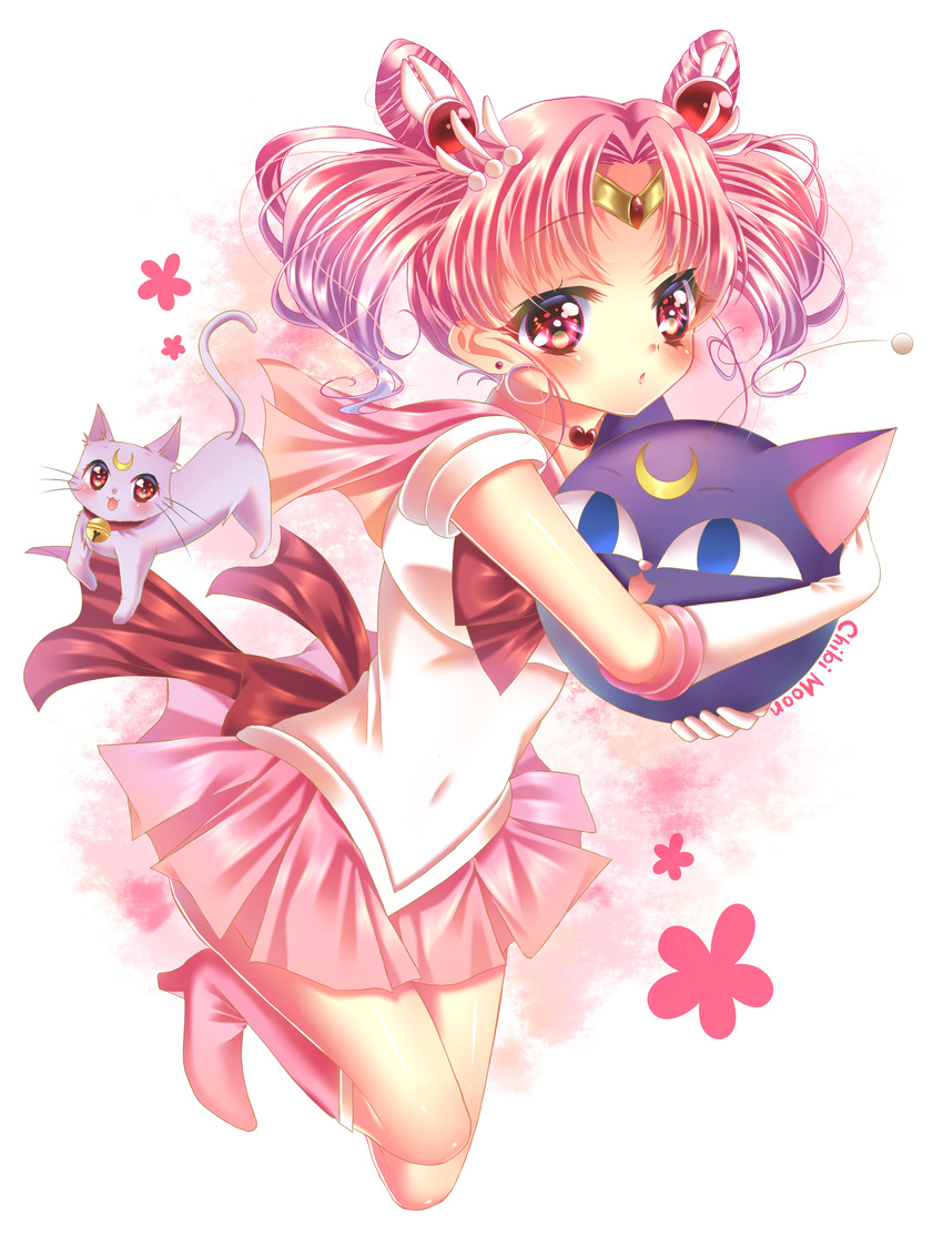 absurdres bishoujo_senshi_sailor_moon blush boots bow cat character_name chibi_usa choker diana_(sailor_moon) double_bun elbow_gloves full_body gloves hair_ornament hairpin highres knee_boots looking_at_viewer luna-p magical_girl pink_choker pink_footwear pink_hair pink_sailor_collar pink_skirt pleated_skirt red_bow sailor_chibi_moon sailor_collar sailor_senshi_uniform short_hair skirt tiara touki_matsuri toy twintails white_gloves