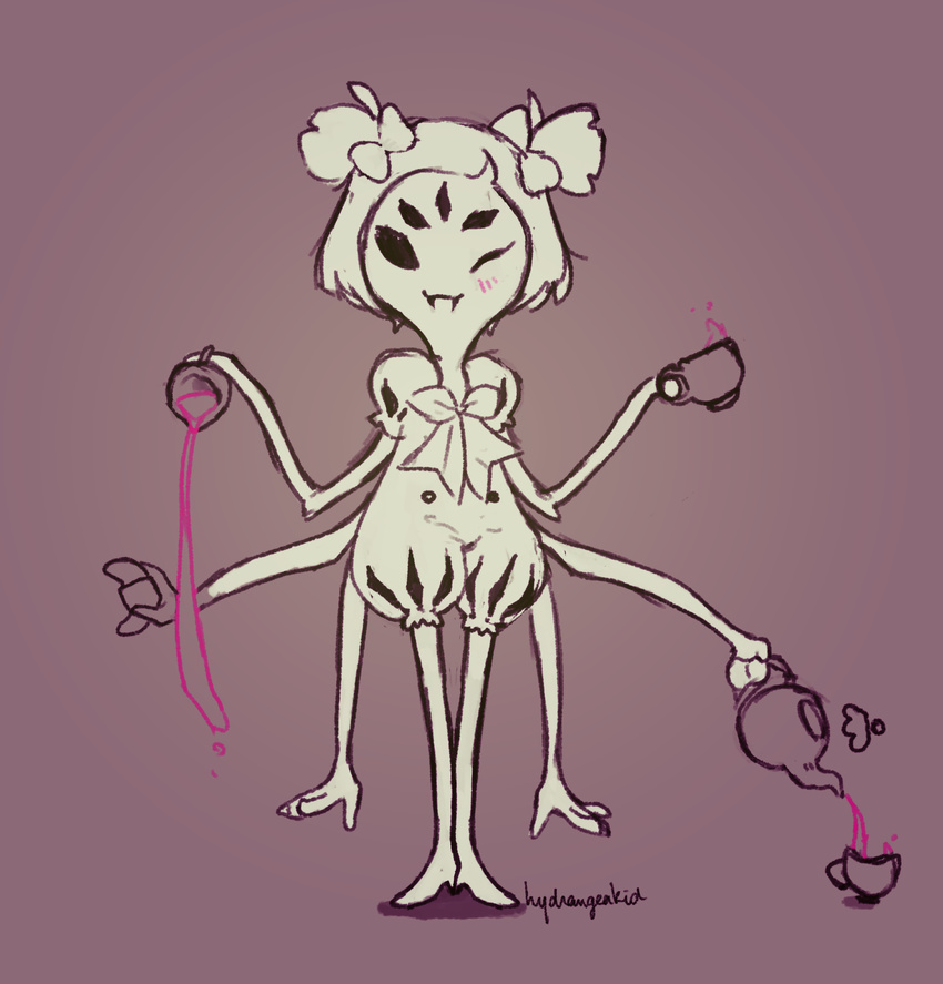 2015 anthro arachnid arthropod beverage black_eyes blush fangs female food hair hair_bow hair_ribbon hydrangeakid looking_at_viewer monster muffet multi_limb multiple_eyes one_eye_closed ribbons smile solo spider standing tea tea_cup tea_pot undertale video_games wink