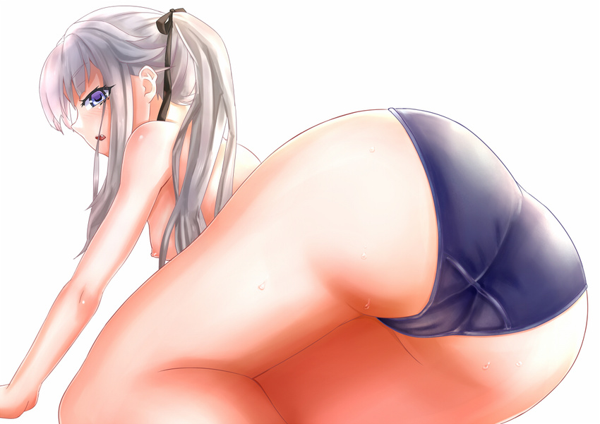 ass bangs bishoujo_mangekyou black_ribbon blue_eyes blue_swimsuit breasts cameltoe eyebrows fang from_behind from_below hair_ribbon kagarino_kirie long_hair looking_at_viewer nipples open_mouth profile ribbon silver_hair simple_background small_breasts solo swimsuit topless water_drop wet white_background white_hair yhes70903