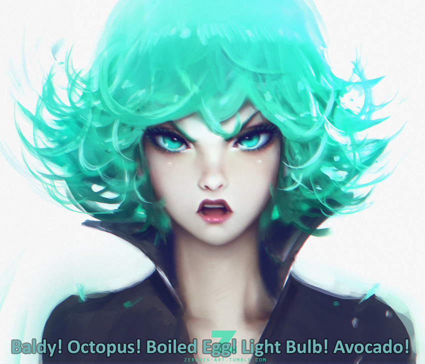 :d angry artist_name bad_deviantart_id bad_id banned_artist collar collarbone curly_hair english eyelashes green_eyes green_hair insult lips looking_at_viewer one-punch_man open_mouth paul_kwon short_hair simple_background smile solo tatsumaki teeth tsurime upper_body v-shaped_eyebrows watermark web_address white_background