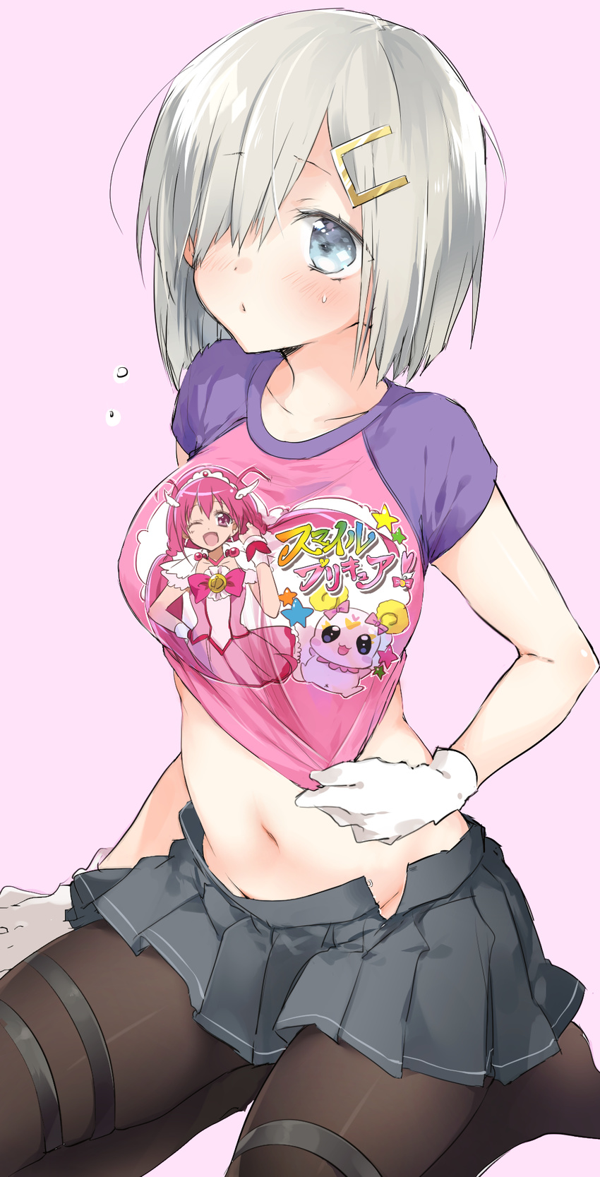 alternate_costume blue_eyes blush breasts cameo candy_(smile_precure!) character_print clothes_writing commentary_request cure_happy gloves hair_ornament hair_over_one_eye hairclip hamakaze_(kantai_collection) highres kantai_collection medium_breasts multicolored_shirt navel pantyhose precure print_shirt seiza shirt shirt_pull short_hair simple_background sino_(sionori) sitting smile_precure! solo thigh_strap white_gloves