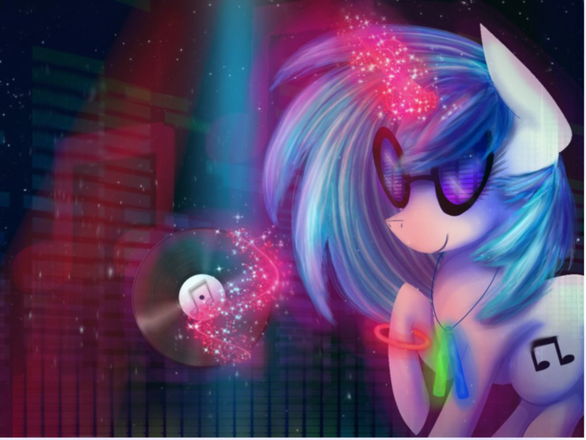 2015 abstract_background chanceyb cutie_mark equine eyewear female feral friendship_is_magic fur glasses glowstick hair horn magic mammal multicolored_hair my_little_pony smile solo two_tone_hair unicorn vinyl_record vinyl_scratch_(mlp) white_fur