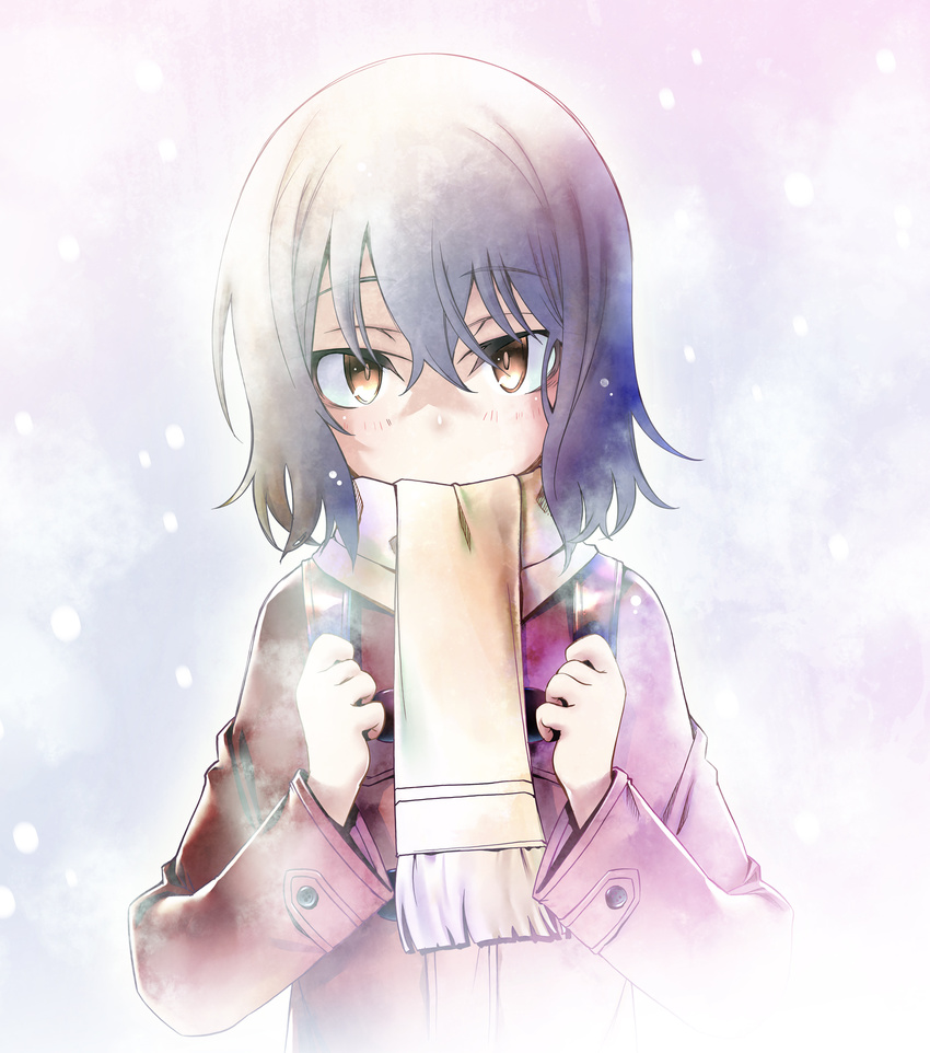 backpack bag blush boku_dake_ga_inai_machi brown_eyes brown_hair coat covered_mouth hair_between_eyes highres hinazuki_kayo looking_at_viewer sakuya_tsuitachi scarf short_hair snowing solo winter_clothes winter_coat