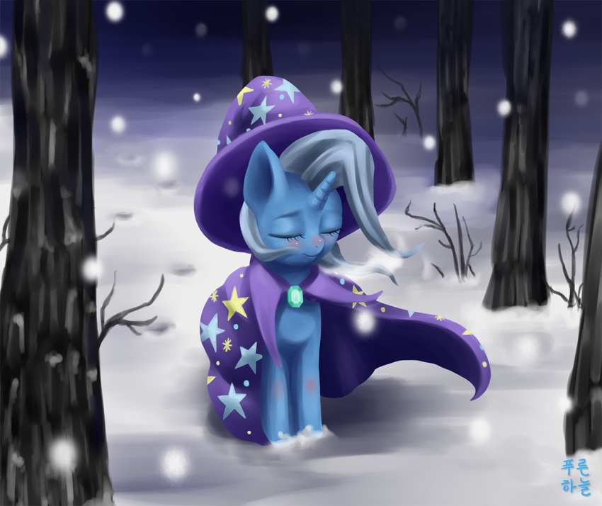 2013 blue_fur blush clothing equine eyes_closed female forest friendship_is_magic fur hair hat hi_res horn mammal mrs1989 multicolored_hair my_little_pony outside snow solo tree trixie_(mlp) two_tone_hair unicorn winter wizard_hat