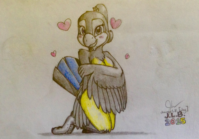 &lt;3 2015 4_fingers anthro avian beak big_breasts biped bird bird_feet black_feathers black_hair black_tail black_wings blue_feathers blue_tail blush breasts chest_tuft claws countershade_face countershade_torso countershading crossed_arms eyelashes feather_tuft feathered_wings feathers female full-length_portrait grey_beak grey_eyes hair holding_arm kneeling looking_at_viewer multicolored_feathers non-mammal_breasts nude ponytail portrait ria_(sammfeatblueheart) sammfeatblueheart shadow simple_background smile solo tail_feathers talons toe_claws traditional_media_(artwork) trogon trogonid tuft two_tone_tail white_background white_countershading white_feathers winged_arms wings yellow_countershading yellow_feathers
