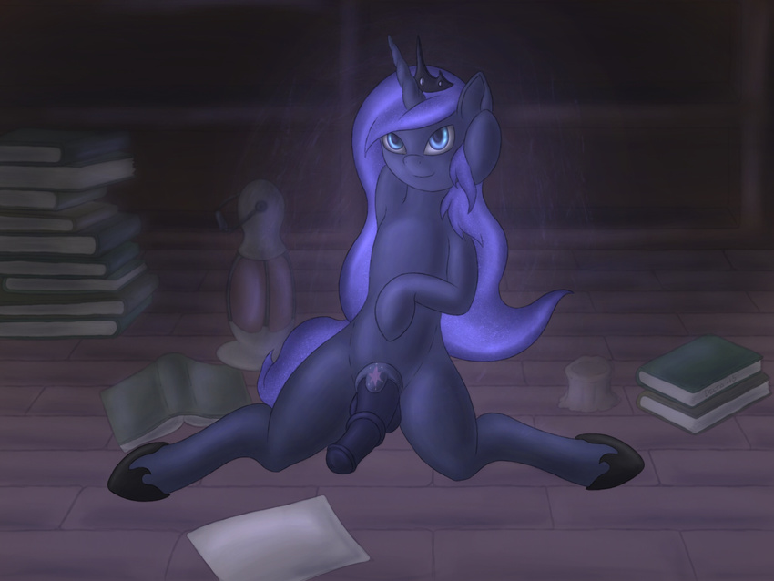 007delta animal_genitalia animal_penis balls book cock_ring equine equine_penis friendship_is_magic hair hi_res horn inside intersex long_hair looking_at_viewer mammal my_little_pony penis presenting princess_luna_(mlp) sex_toy solo unicorn