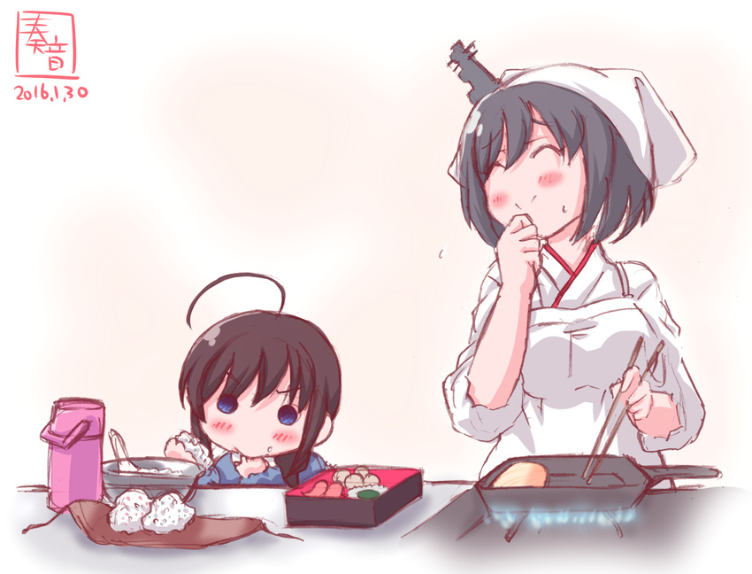 ahoge apron black_hair blue_eyes blush braid brown_hair chopsticks closed_eyes commentary_request cooking dated eating fire food food_on_face frying_pan hair_ornament hair_over_shoulder highres japanese_clothes kanon_(kurogane_knights) kantai_collection kappougi multiple_girls obentou omelet onigiri rectangular_frying_pan shigure_(kantai_collection) short_hair single_braid smile tamagoyaki tenugui thermos yamashiro_(kantai_collection) younger