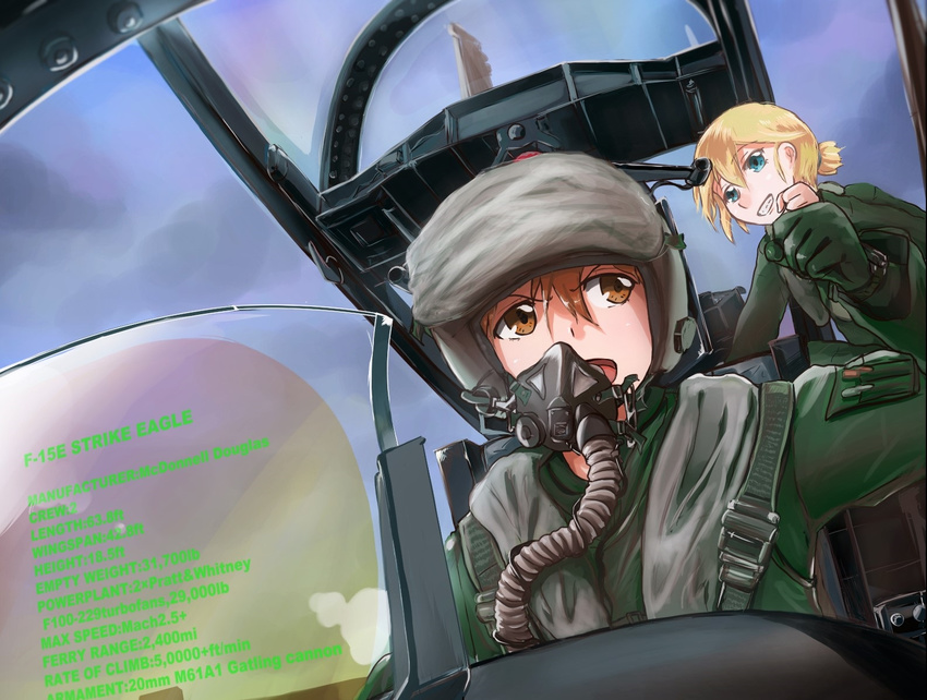 blonde_hair blue_eyes brown_eyes brown_hair canopy cockpit engrish gloves grin harness helmet military multiple_girls open_mouth original oxygen_mask pilot_suit ranguage shinden short_ponytail smile