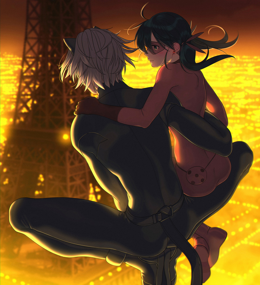 1girl absurdres aconitea adrien_agreste ahoge animal_ears arm_around_waist ass back bad_id bad_pixiv_id belt black_bodysuit black_eyes black_footwear black_hair blonde_hair blurry blush bodysuit boots cat_ears cat_tail chat_noir city_lights closed_mouth crossed_ankles depth_of_field earrings floating_hair from_behind gloves gradient hair_ornament hand_on_another's_shoulder hetero highres jewelry ladybug_(character) long_hair looking_at_another magical_girl marinette_dupain-cheng mask miraculous_ladybug night polka_dot profile red_footwear red_gloves sitting sitting_on_lap sitting_on_person sky squatting stud_earrings tail tower twintails wind