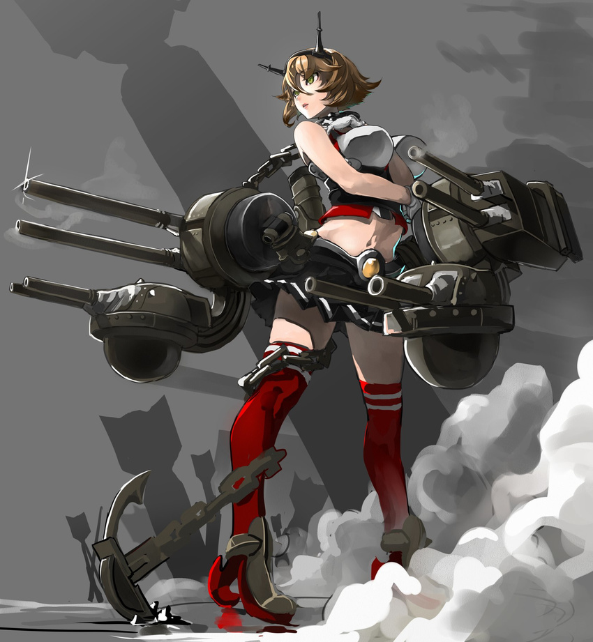 anchor between_breasts bomb breasts chain control_tower green_eyes hand_between_breasts high_heels highres kantai_collection large_breasts looking_to_the_side midriff mutsu_(kantai_collection) navel red_legwear rudder_shoes silhouette solo tagaya6592 thighhighs turret