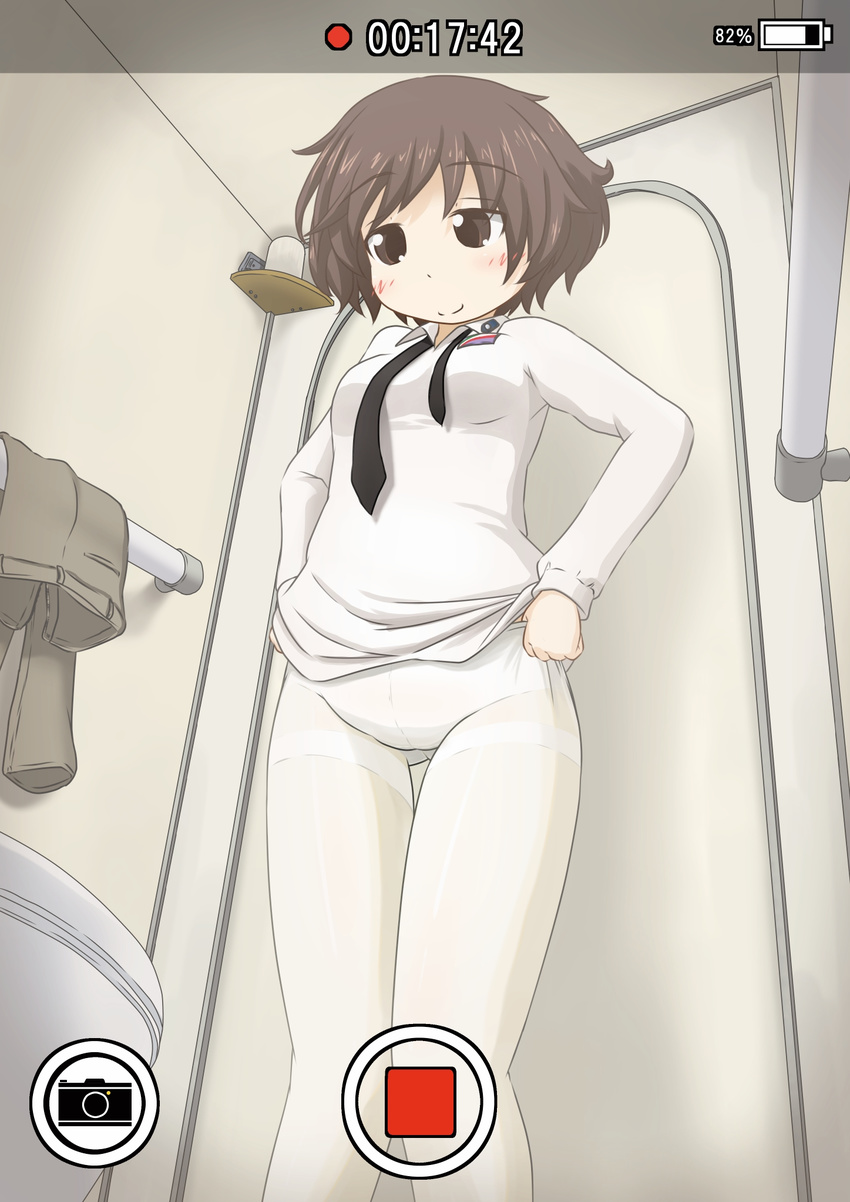 adjusting_clothes adjusting_legwear akiyama_yukari alternate_costume anzio_school_uniform ass_visible_through_thighs bathroom blush brown_eyes brown_hair clothes_removed dress_shirt dressing girls_und_panzer highres long_sleeves messy_hair minipat_(sketch_wall) necktie no_pants panties panties_under_pantyhose pants pants_removed pantyhose phone_screen school_uniform shirt smile solo standing sweatdrop thigh_gap thighband_pantyhose underwear white_legwear white_panties white_shirt