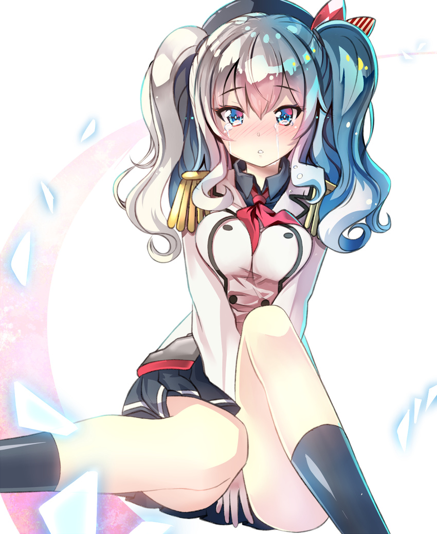 beret between_legs black_legwear blue_eyes blush breasts buttons commentary_request epaulettes hand_between_legs hat highres kantai_collection kashima_(kantai_collection) kerchief kneehighs long_hair looking_at_viewer medium_breasts military military_uniform miniskirt open_mouth pleated_skirt red_ribbon ribbon sho_(runatic_moon) sidelocks silver_hair skirt solo tears tsurime twintails uniform v_arms wavy_hair