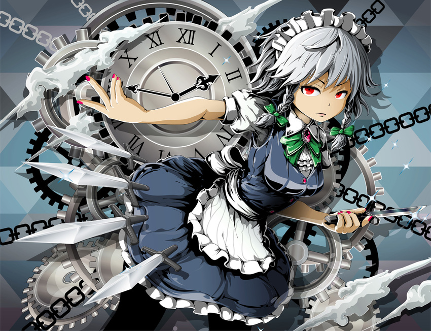 apron black_background black_legwear blue_background blue_dress bow braid breasts brooch chain clock coba_(bushclover) collared_shirt dress gears grey_background hair_bow holding holding_knife izayoi_sakuya jewelry knife looking_to_the_side maid maid_apron maid_headdress medium_breasts multicolored multicolored_background nail_polish pantyhose pink_nails red_eyes roman_numerals serious shirt short_dress short_hair short_sleeves silver_hair smoke solo sparkle touhou twin_braids white_shirt