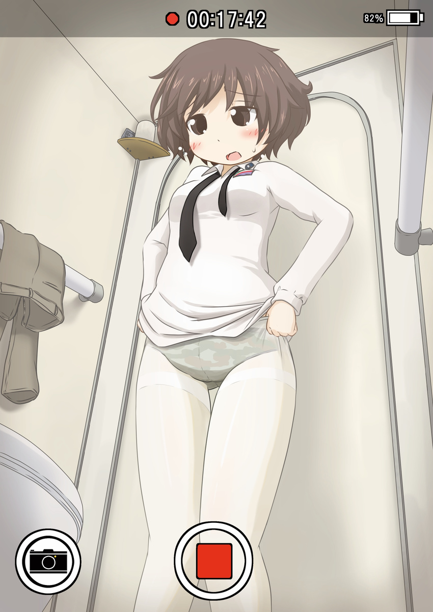 adjusting_clothes adjusting_legwear akiyama_yukari ass_visible_through_thighs bathroom blush brown_eyes brown_hair camouflage camouflage_panties clothes_removed commentary_request dress_shirt dressing embarrassed girls_und_panzer highres long_sleeves messy_hair minipat_(sketch_wall) necktie no_pants panties panties_under_pantyhose pants pants_removed pantyhose parted_lips phone_screen school_uniform shirt solo standing sweatdrop thigh_gap thighband_pantyhose underwear white_legwear white_shirt