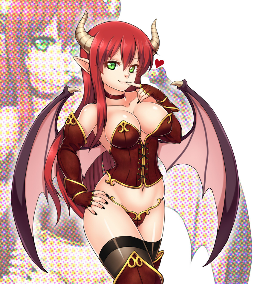 bangs black_legwear breasts choker cleavage closed_mouth commentary corset cross-laced_clothes demon_girl demon_horns demon_wings english_commentary finger_to_mouth gold_trim green_eyes halftone halftone_background hand_on_hip hand_up heart highres horns index_finger_raised large_breasts long_hair looking_at_viewer navel original pointy_ears red_hair signature simple_background smile solo succubus thighhighs thighhighs_under_boots white_background wings zeshgolden zoom_layer