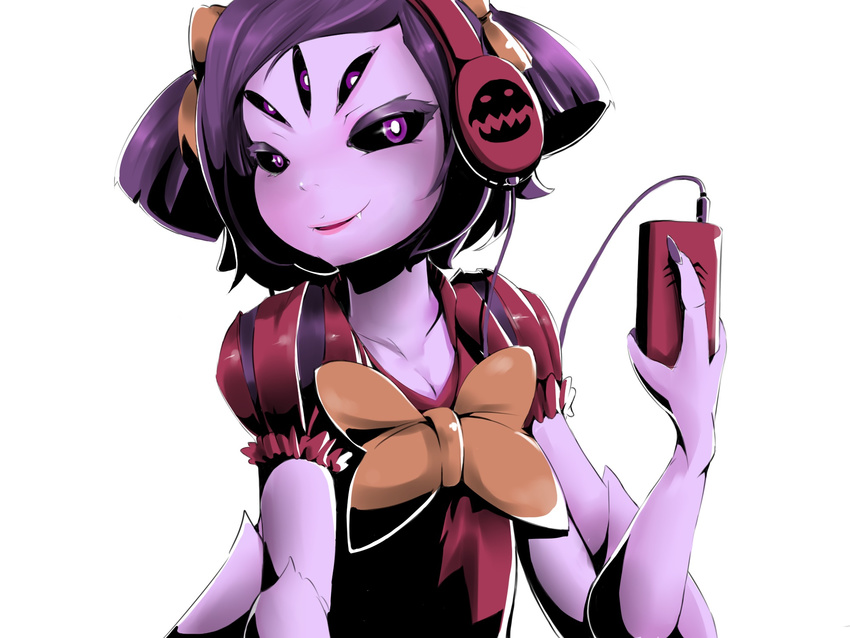 black_sclera bow bowtie digital_media_player extra_eyes fang fewer_digits h.b hair_bow headphones highres insect_girl lipstick looking_at_viewer makeup monster_girl muffet multiple_arms purple_eyes purple_hair purple_skin short_twintails smile solo spider_girl twintails two_side_up undertale upper_body white_background