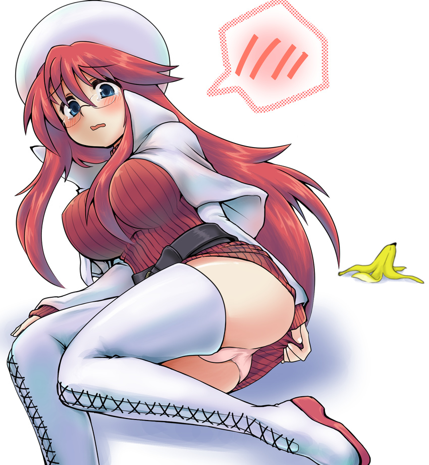ass aty_(summon_night) banana_peel beret blue_eyes boots breasts capelet cross-laced_footwear fallen_down glasses hat highres lace-up_boots large_breasts long_hair m.m open_mouth red_hair rimless_eyewear solo summon_night summon_night_3 sweater thigh_boots thighhighs thighs wavy_mouth white_footwear white_legwear
