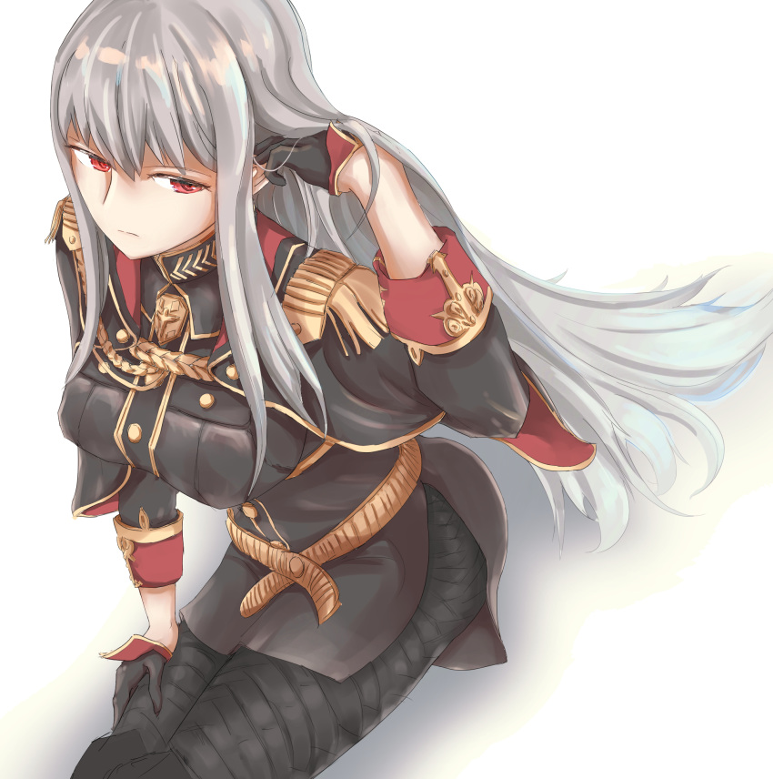 1girl adjusting_hair aiguillette bangs binaray black_gloves boots breasts closed_mouth commentary_request gloves highres large_breasts legs_together long_hair military military_uniform pantyhose red_eyes selvaria_bles senjou_no_valkyria senjou_no_valkyria_1 silver_hair sitting thigh_boots thighhighs uniform very_long_hair