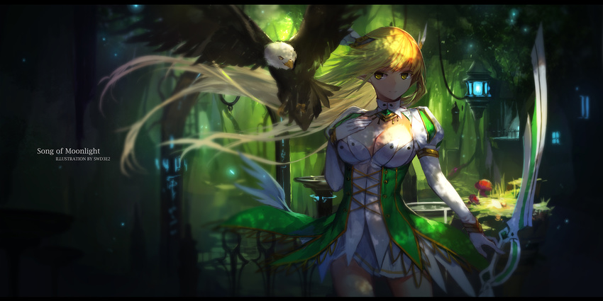 bird blonde_hair bow_(weapon) breasts cleavage dress eagle elsword grand_archer_(elsword) green_dress highres juliet_sleeves lantern large_breasts layered_dress long_hair long_sleeves pointy_ears puffy_sleeves rena_(elsword) swd3e2 thighs very_long_hair weapon white_dress yellow_eyes