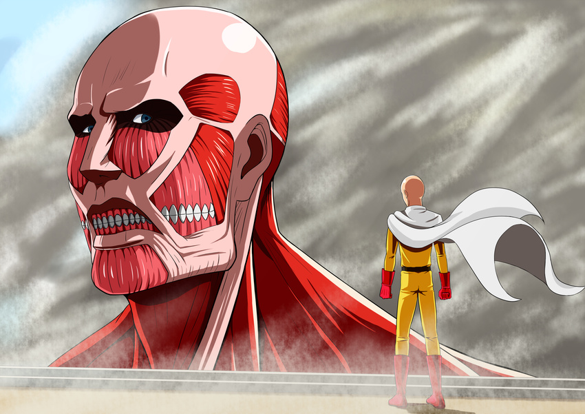 absurdres bald blue_eyes boots cape colossal_titan commentary_request crossover derivative_work giant gloves highres male_focus multiple_boys one-punch_man pants red_footwear red_gloves saitama_(one-punch_man) shingeki_no_kyojin size_difference standing taka_(takahirokun) titan_(shingeki_no_kyojin) white_cape yellow_pants